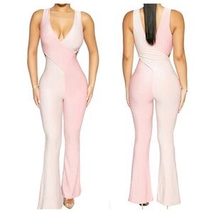 Naked Wardrobe Glow About It pink shimmer crossover flare jumpsuit large